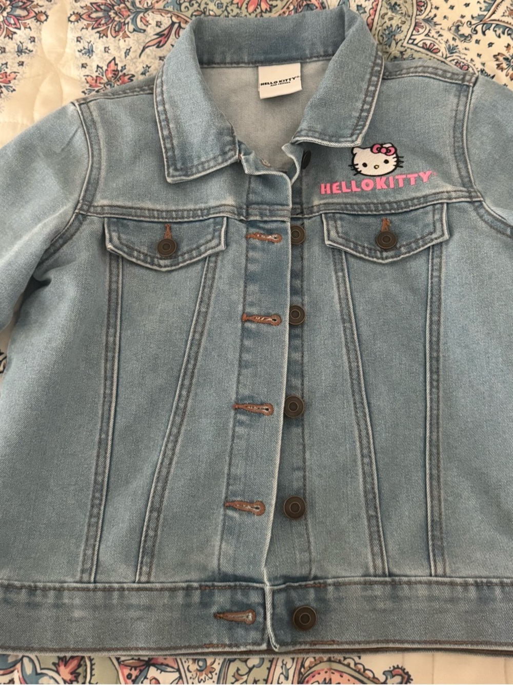 Hello Kitty Light Wash Denim Jacket with Pink Embroidered Logo